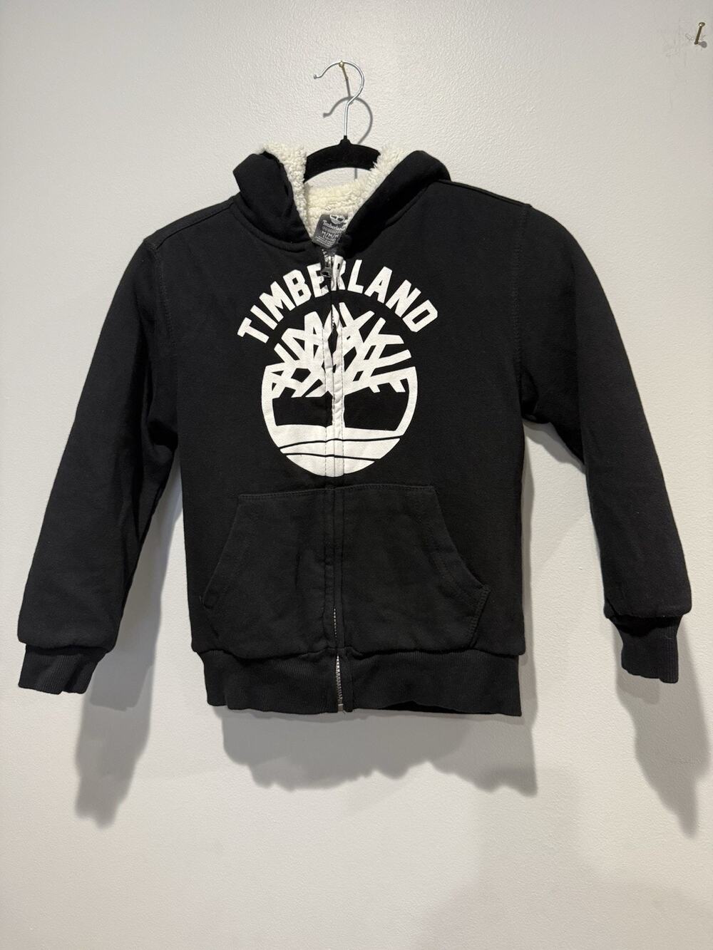 Boys Timberland Faux Sherpa Lined Zip Up Cozy Hoodie Size 10-12 Black White Logo